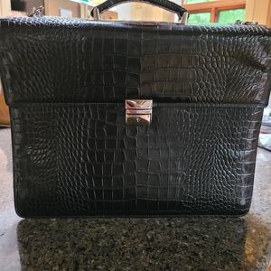 NWOT John George Black Croco'Embossed Leather Briefcase